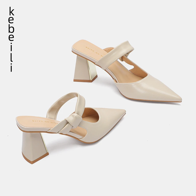 尖头粗跟半拖凉鞋女2025春夏新款外穿一字带软皮包头高跟鞋穆勒鞋