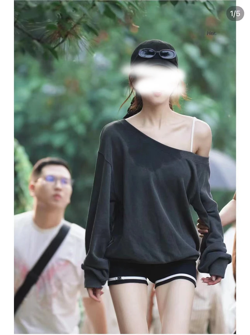 尹千金J【妍系滤镜】斜肩露肩灰色长袖设计感宽松慵懒卫衣F071617