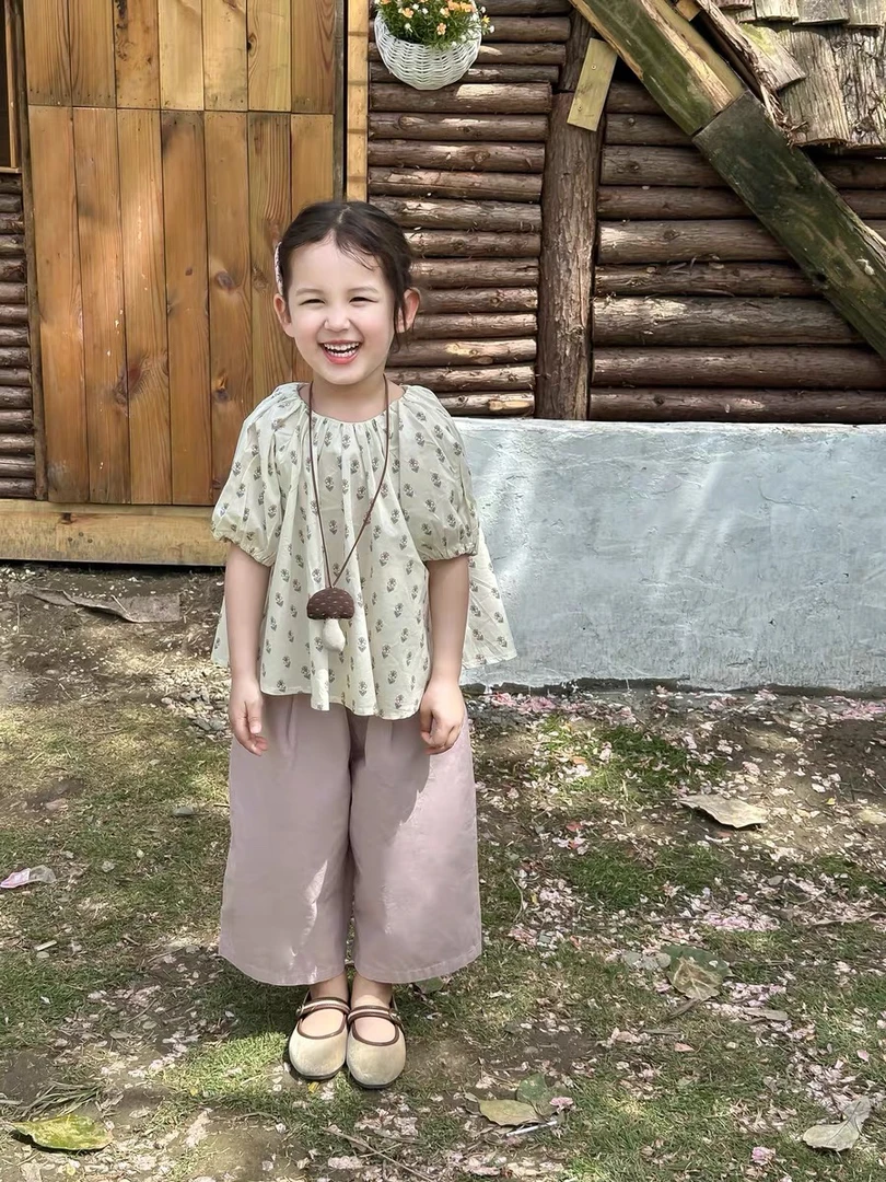 现货！女童高腰纯色直筒裤夏季新品韩系儿童薄款宽松棉布九分裤