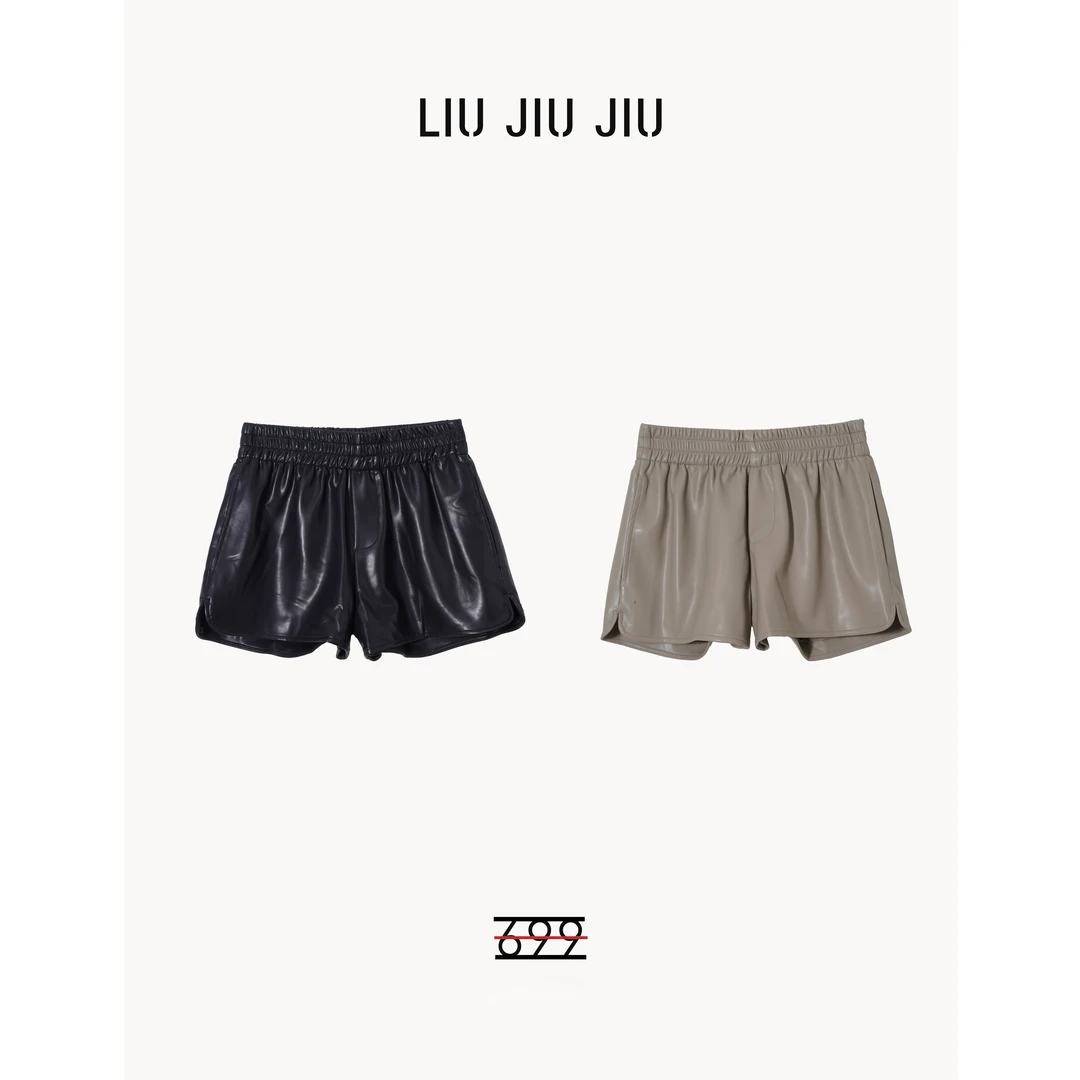 LIUJIUJIU 早秋高级奢侈感A字松紧高腰阔腿PU简约ins短裤DK4773L