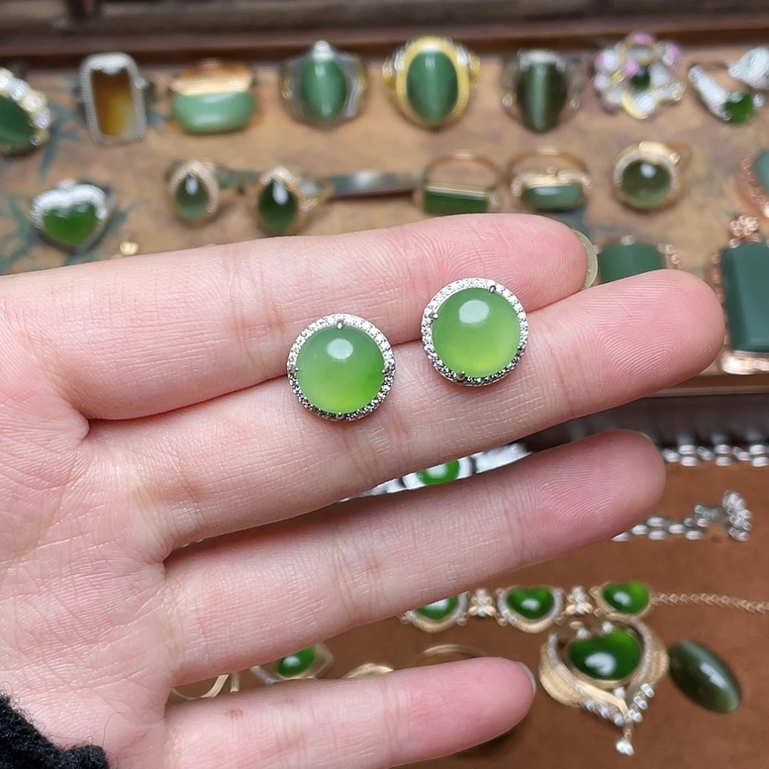 和田玉（碧玉）银S925镶嵌吊坠(不含链)耳钉