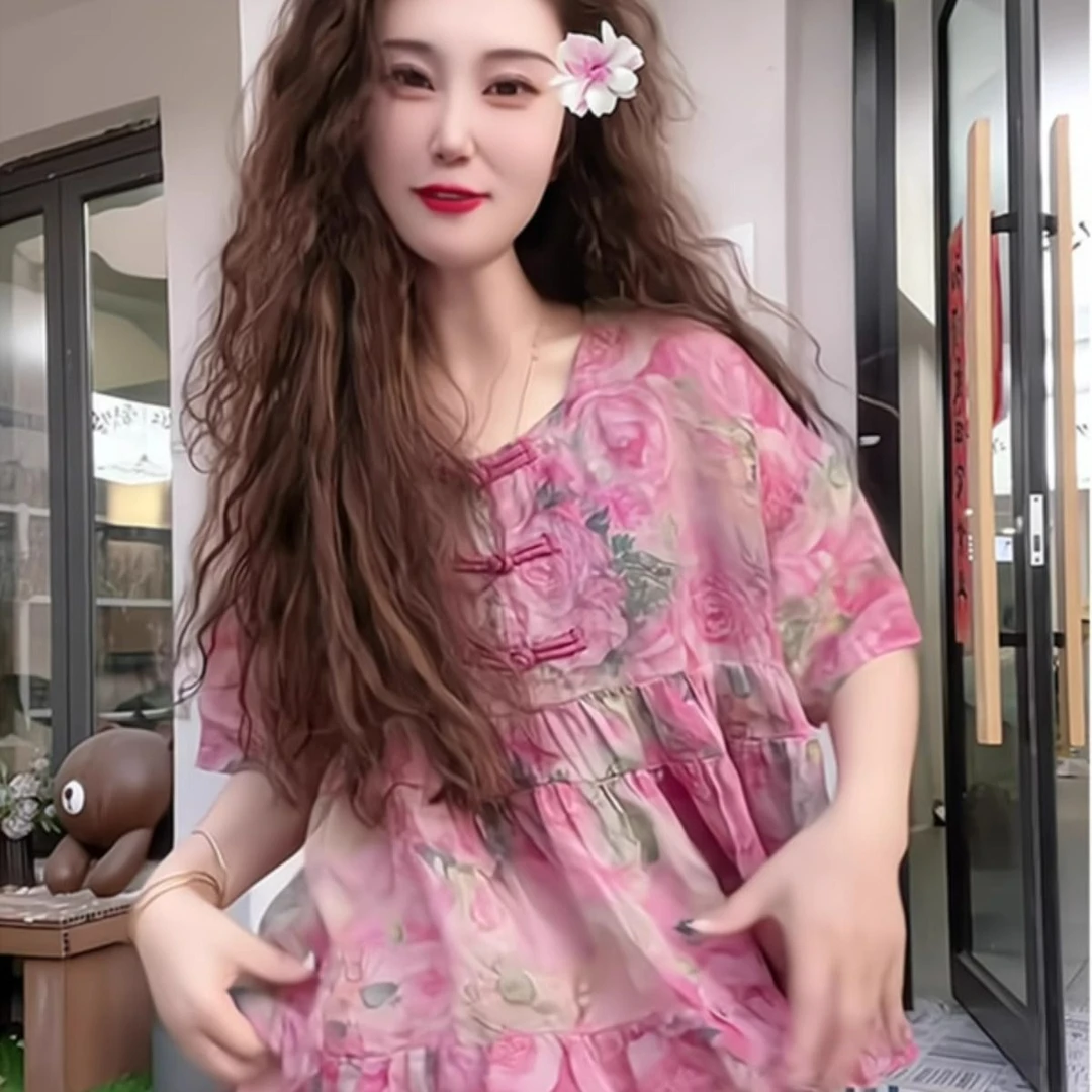 新中式盘扣复古印花薄衬衫女夏季休闲高级感洋气慵懒风娃娃衫上衣