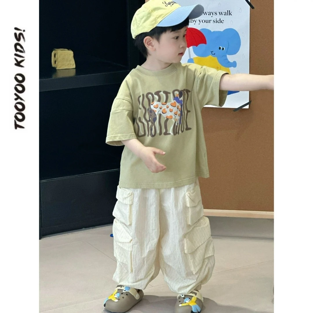 夏装儿童夏季印花新款男童韩版短袖超薄透气工装束脚裤两件套 WP