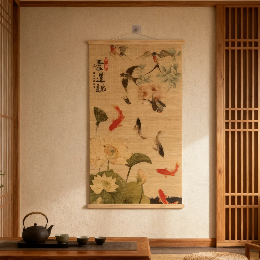 竹编九鱼荷花挂画适用于客厅茶室卧室玄关免打孔装饰画竹子挂画