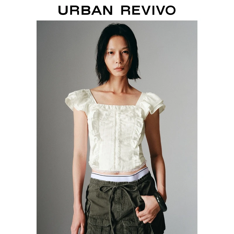 UR2025夏季新款女装时尚甜美花边装饰方领罩衫衬衫UWG250164