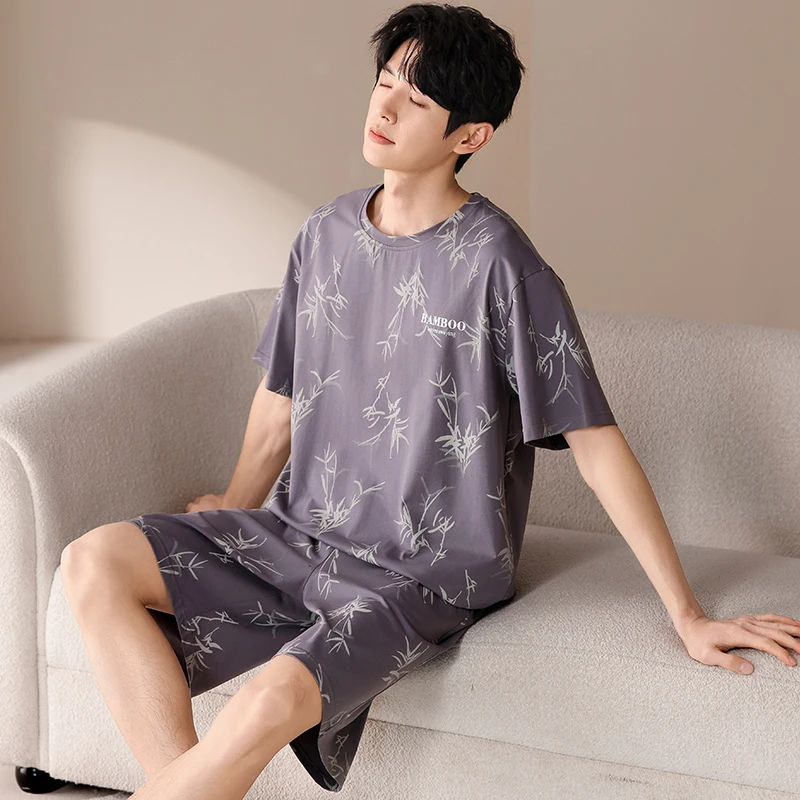 YIHAN-夏季新款短袖睡衣男凉感莫代尔透气时尚简约男士家居服套装
