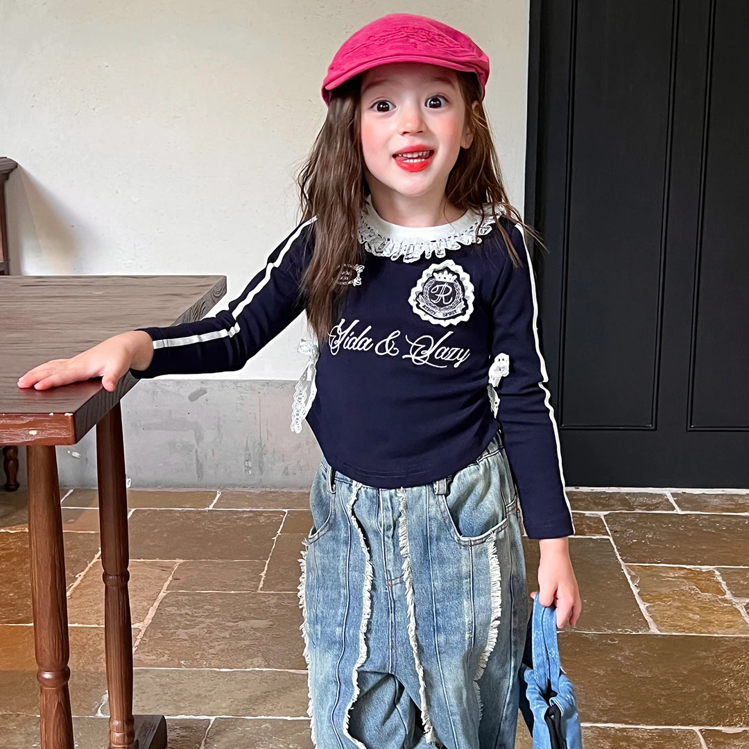 栀了成长记女童装韩版蕾丝T恤秋季新款裤子宝宝美式复古长袖上衣