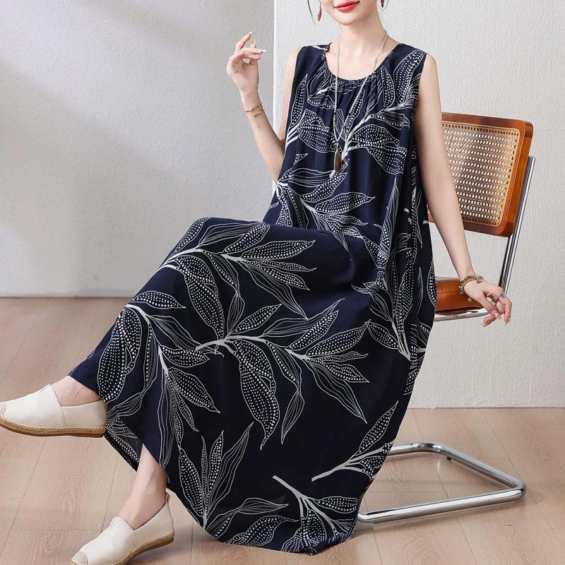 2025新款夏季棉绸连衣裙时尚背心裙中长款过膝吊带宽松大码长裙子