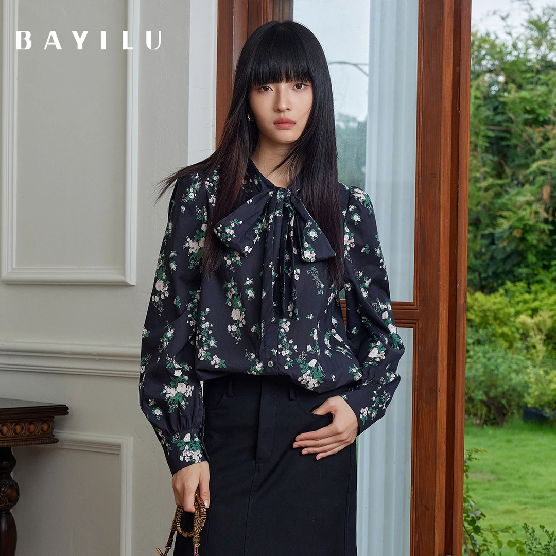 【小铃铛】芭依璐秋季衬衫碎花飘带领小衫93C1352