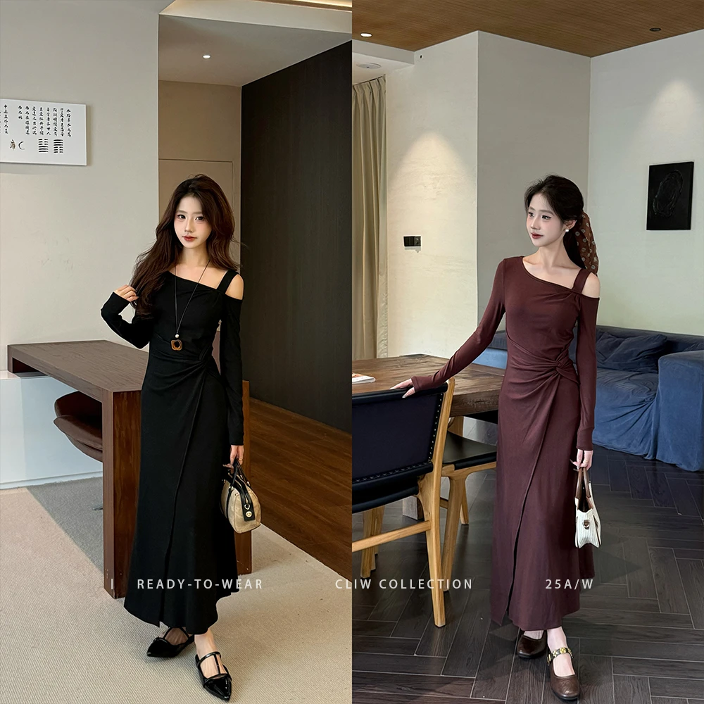 菜菜【韩漫高智】小个子法式斜肩褶皱显瘦气质显高连衣裙CCQ521