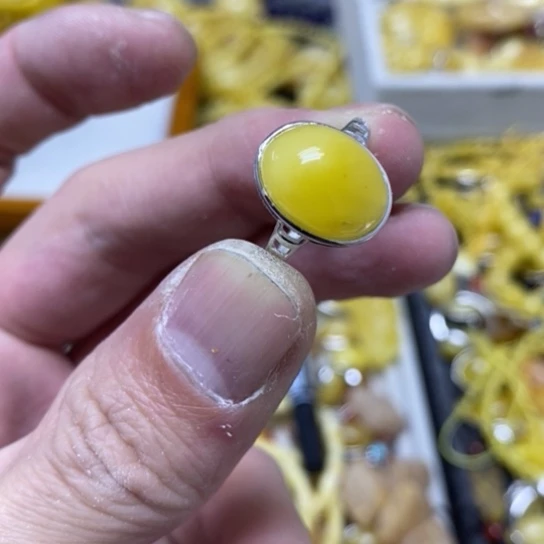 蜜蜡裸石银S925镶嵌戒指