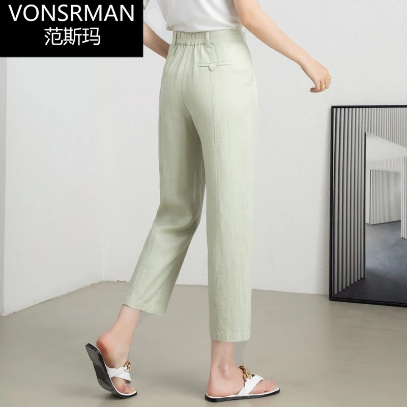 2025年春夏新款亚麻裤子女浅色小众休闲裤显瘦高腰八分天丝哈伦裤