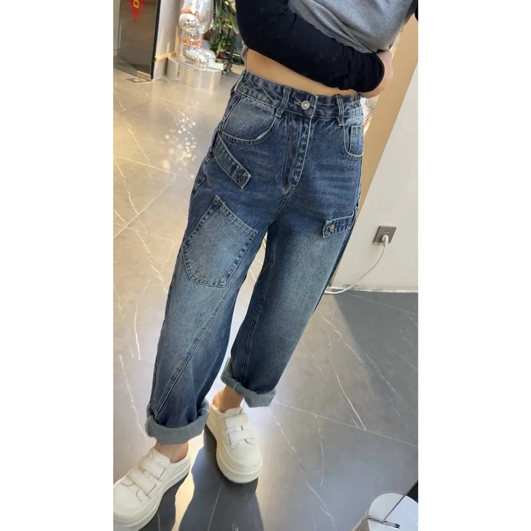 艾塔莉秋季新款工装风牛仔裤宽松阔腿裤长款萝卜裤美式高腰多口袋