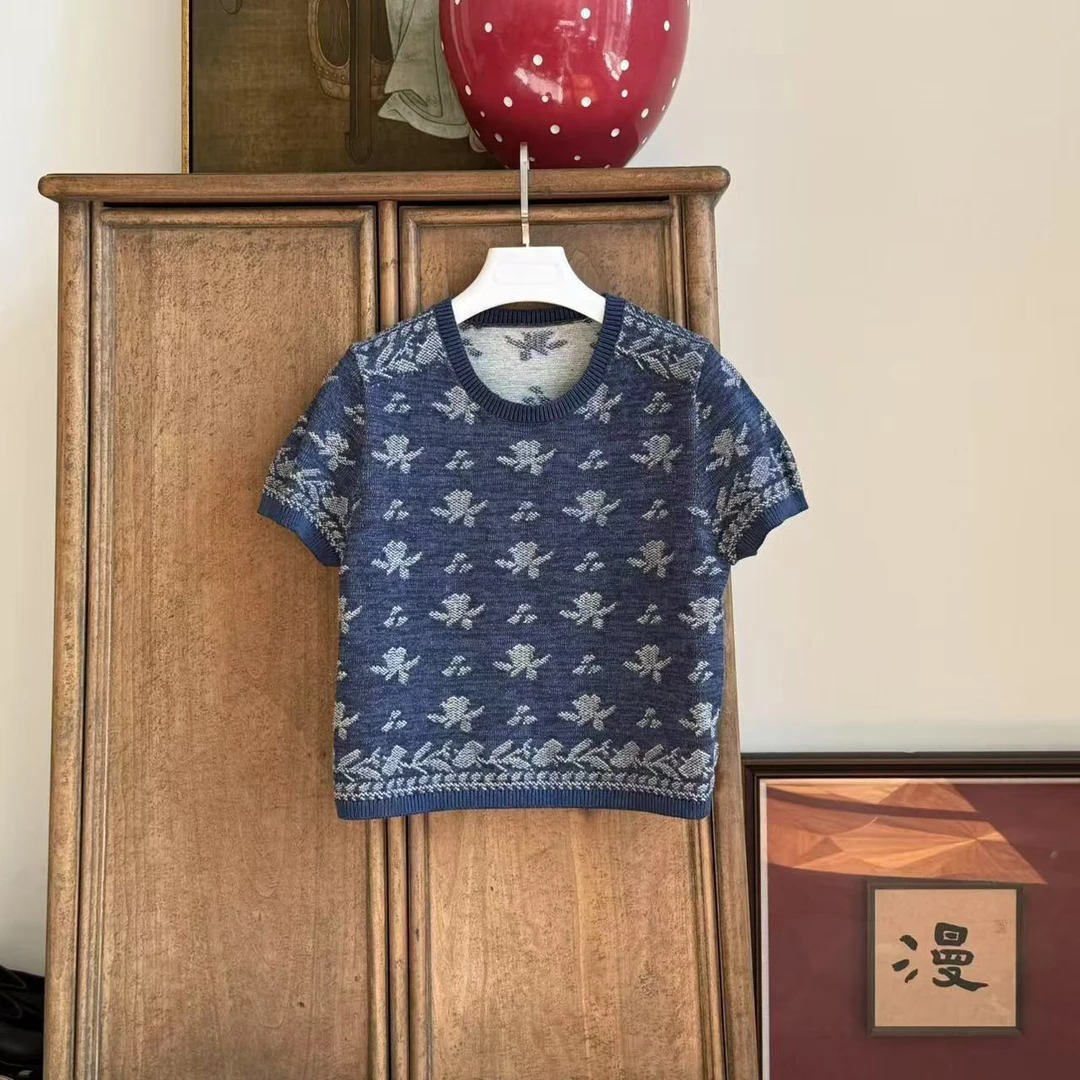 MYL2025年春季新款纯棉藏青色针织衫花朵圆领短袖百搭针织衫