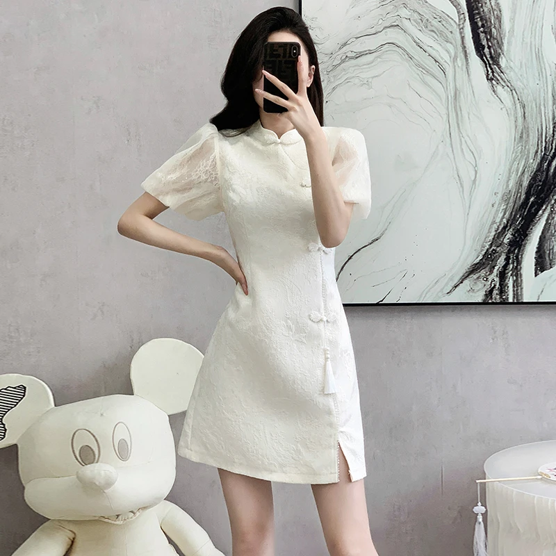 中国风旗袍时尚显瘦气质新中式改良旗袍泡泡袖拼接提花甜美连衣裙