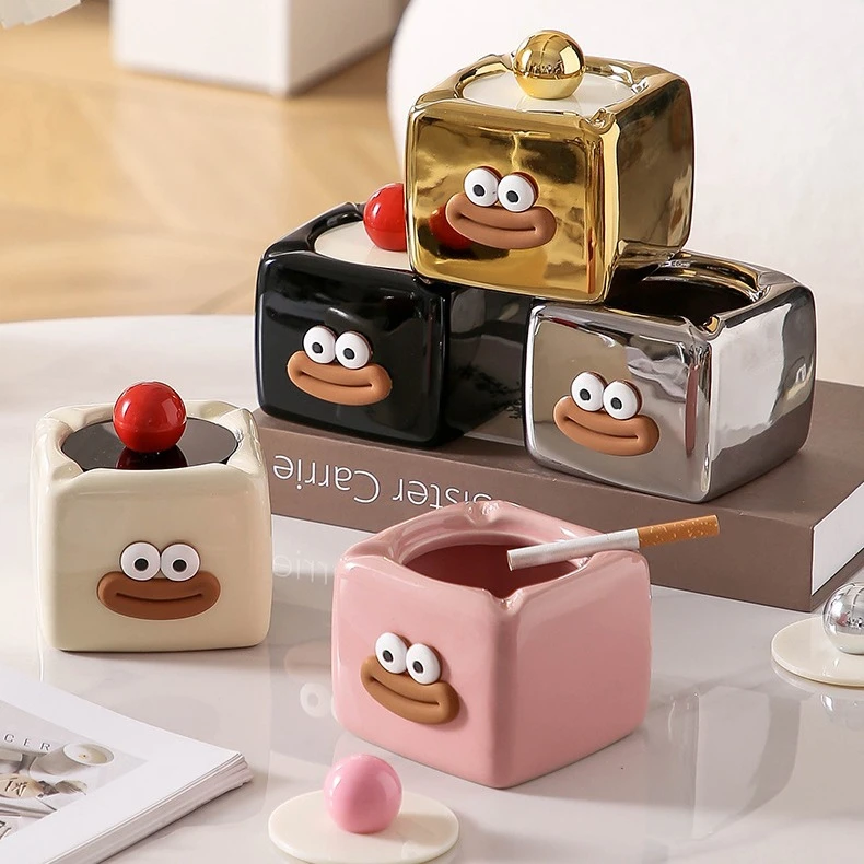 高颜值烟灰缸家用个性客厅陶瓷创意摆件带盖防飞灰烟缸摆件收纳