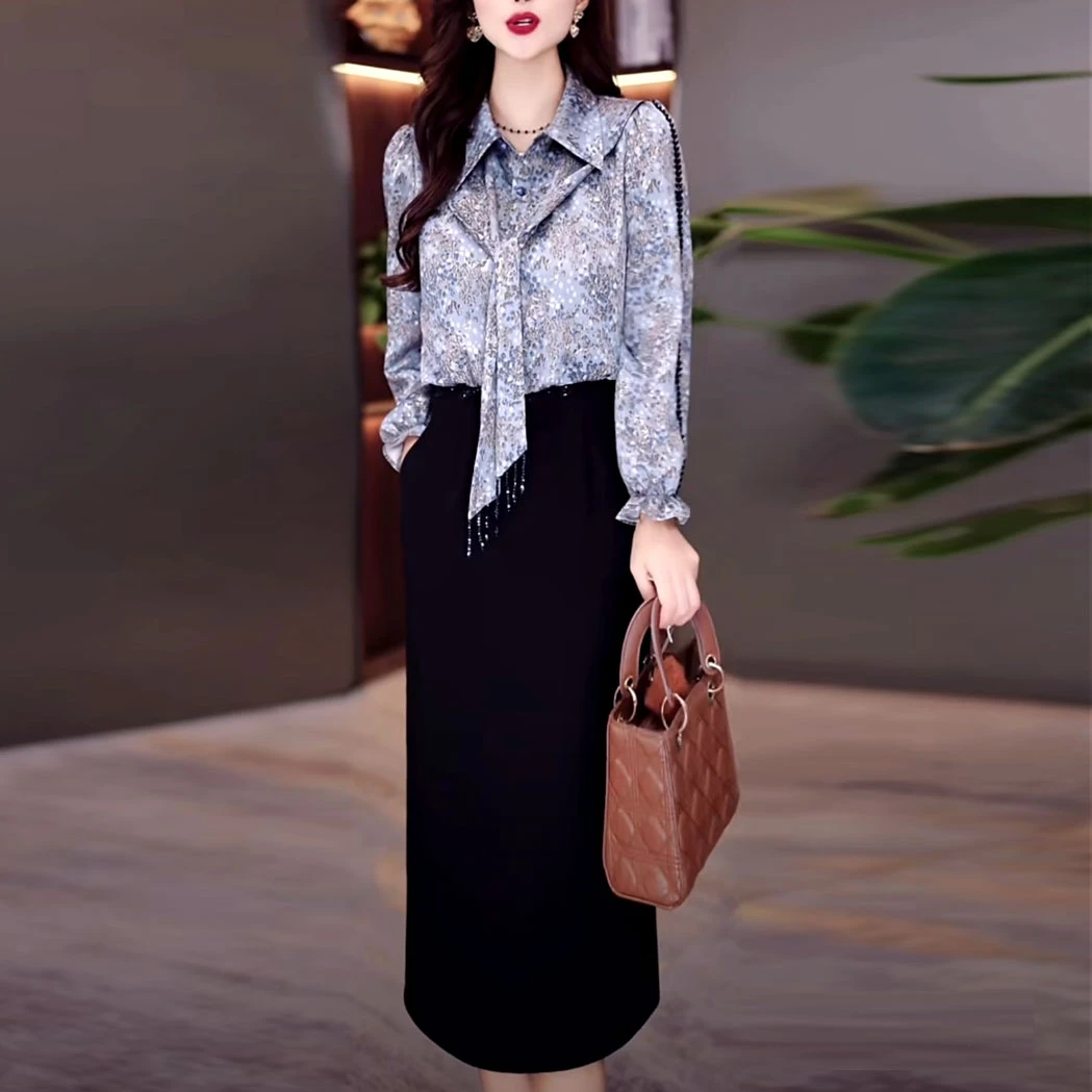 冰丽丝气质洋气假两件连衣裙2025秋季新款修身显瘦时尚妈妈装裙子