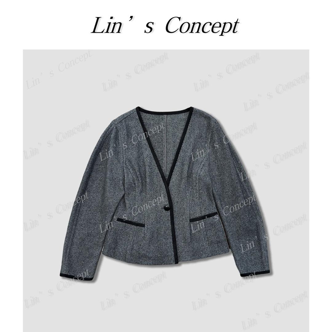 【Lin's concept】斜纹V领包边羊毛外套DL2404817