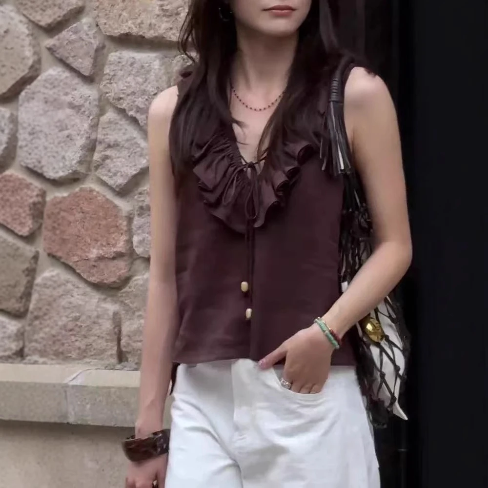 棕色荷叶边v领上衣时尚女装2025夏季新款法式复古轻奢洋气高级感