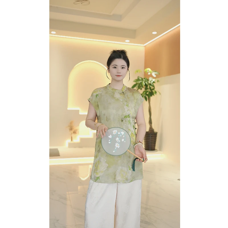 【茶花】日常夏季中国风提花斜襟无袖短袖新中式薄款中长款复古时尚