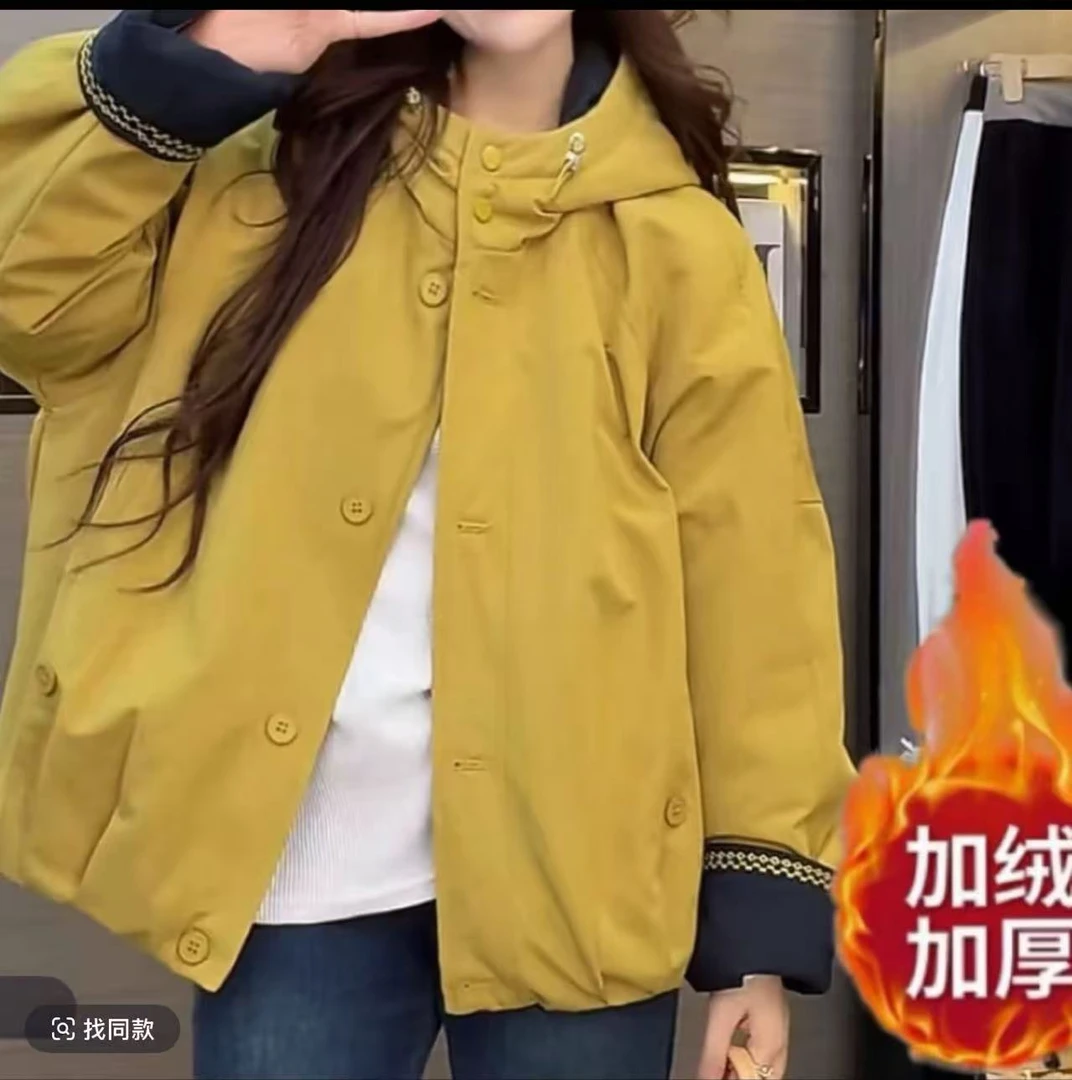 加绒加厚2025冬季新款宽松韩版连帽派客服外套女休闲棉衣棉服