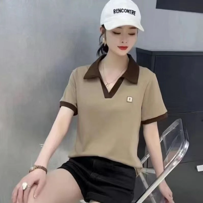 夏季新款拼色polo衫短袖T恤休闲V领半袖上衣衬衫