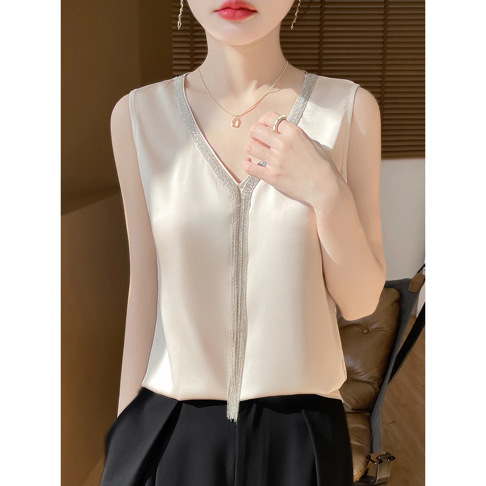 100%桑蚕丝新款V领流苏背心T恤女士无袖时尚款