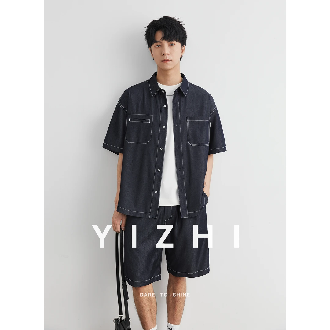 亦止仿牛仔套装短袖衬衫男新款夏季微阔舒适百搭休闲衬衣短裤两件