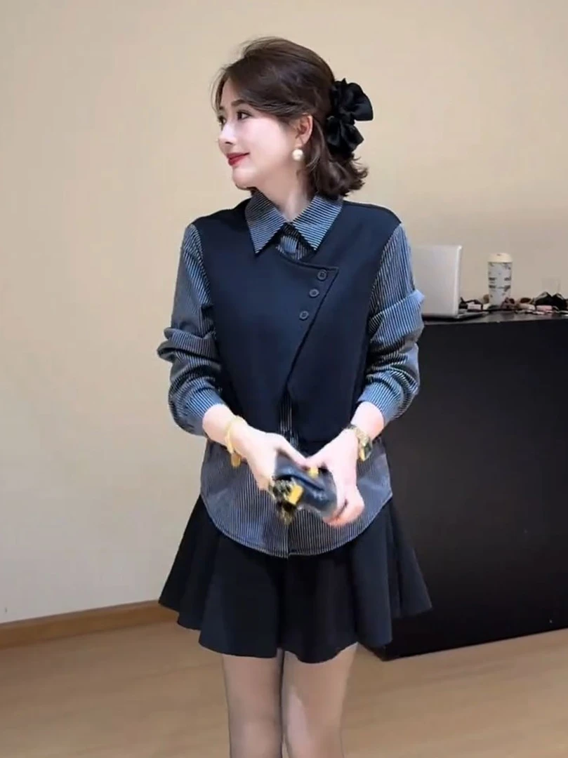 2025早秋新款马甲拼接假两件衬衫女休闲洋气百搭韩版条纹长袖衬衣