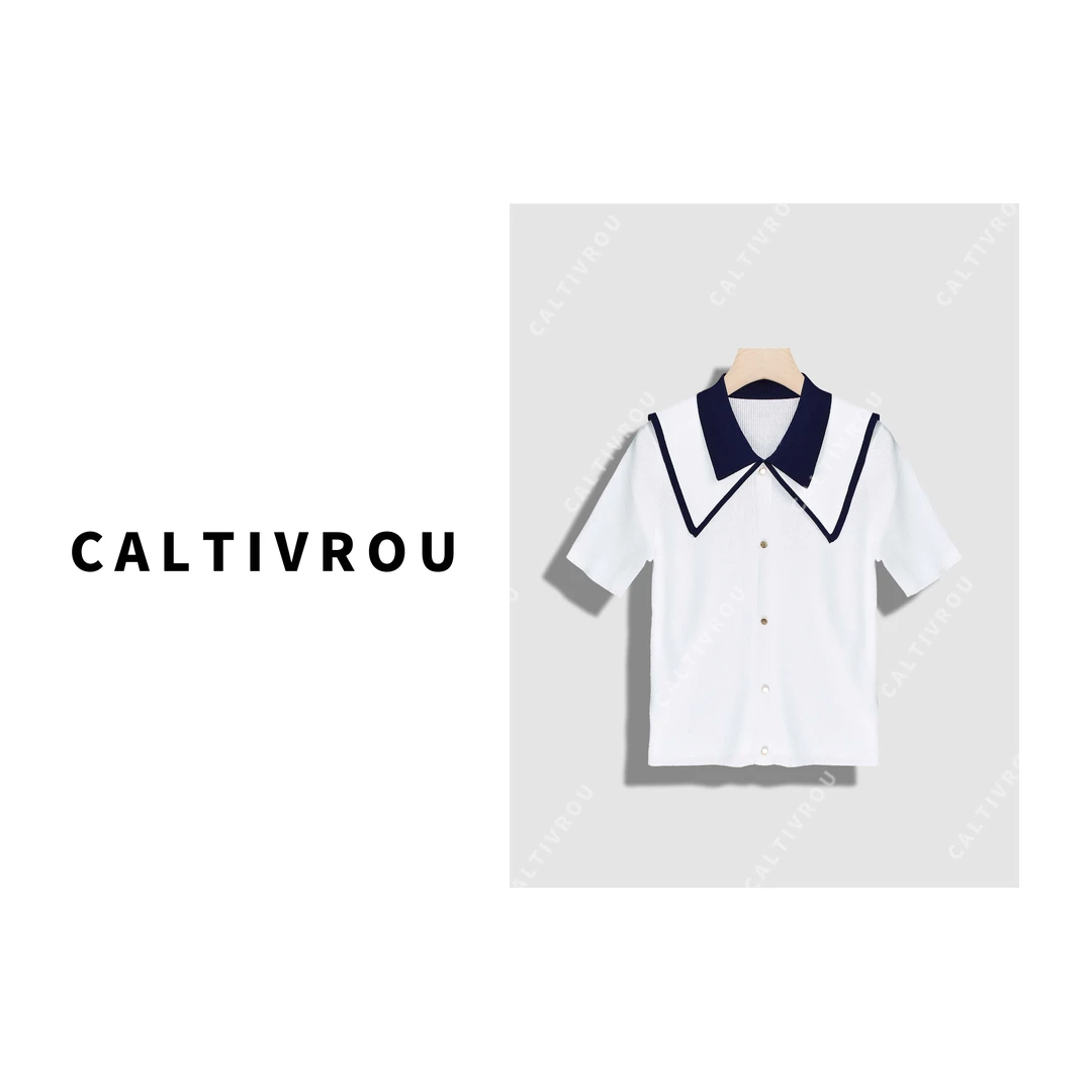 Caltivrou气质高级翻领设计短袖针织衫-Y17280