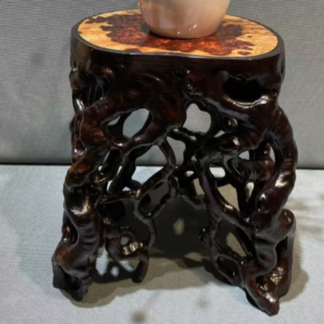 老挝大红酸枝花架—镶嵌缅甸花梨瘤疤面板，尺寸：24/20/25