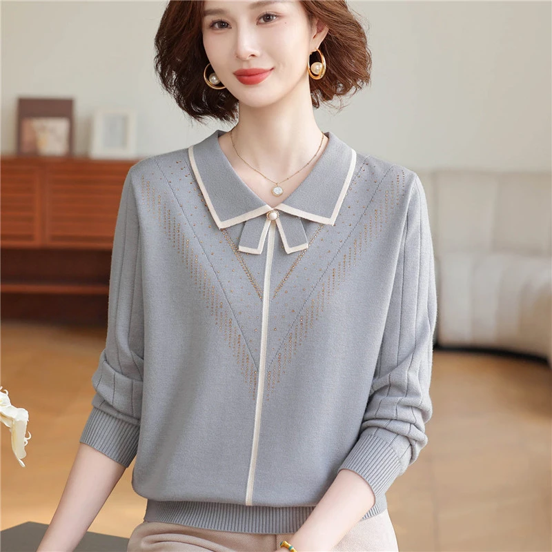 新款妈妈秋装时尚针织衫上衣中老年女高档翻领小衫春秋毛衣打底衫