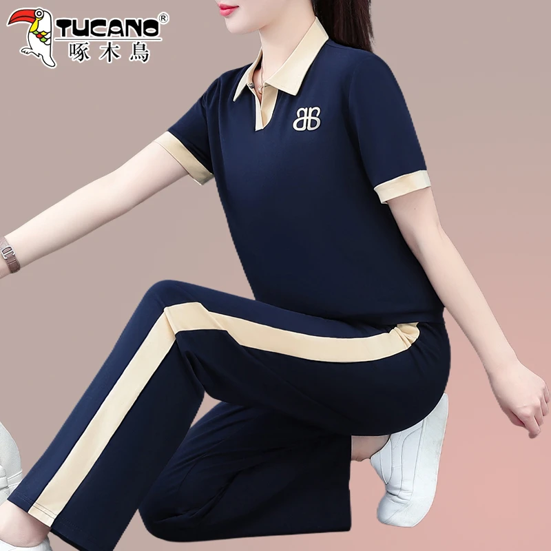 啄木鸟棉运动套装女2025新款夏季洋气中年妈妈短袖翻领两件套薄