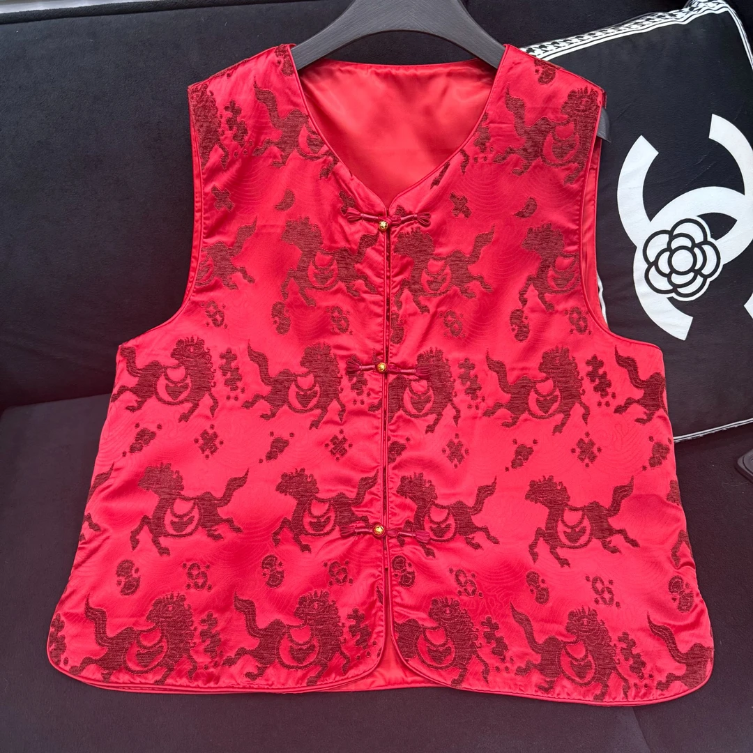 复古马夹女装中式民族风红色喜庆提花复古国潮2025冬季新款