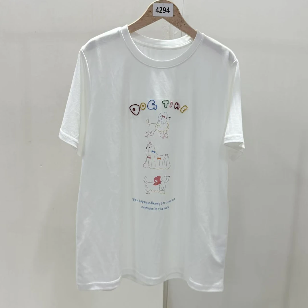 4294号#002#圆领百搭休闲刺绣字母印花趣味小狗短袖T