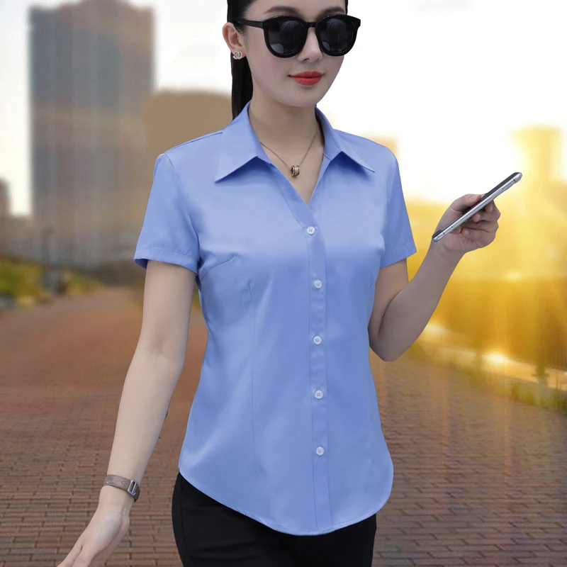 蓝色V领衬衫女短袖夏季新款气质工装正装工作服面试免烫职业衬衣