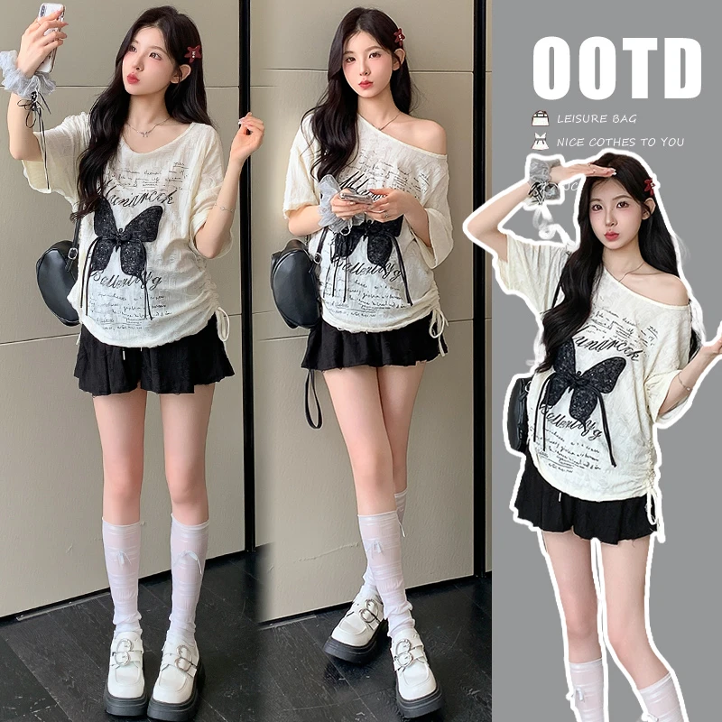 夏季新款2026孕妇装韩版宽松露肩蝴蝶结刺绣套装孕妇两件套外穿