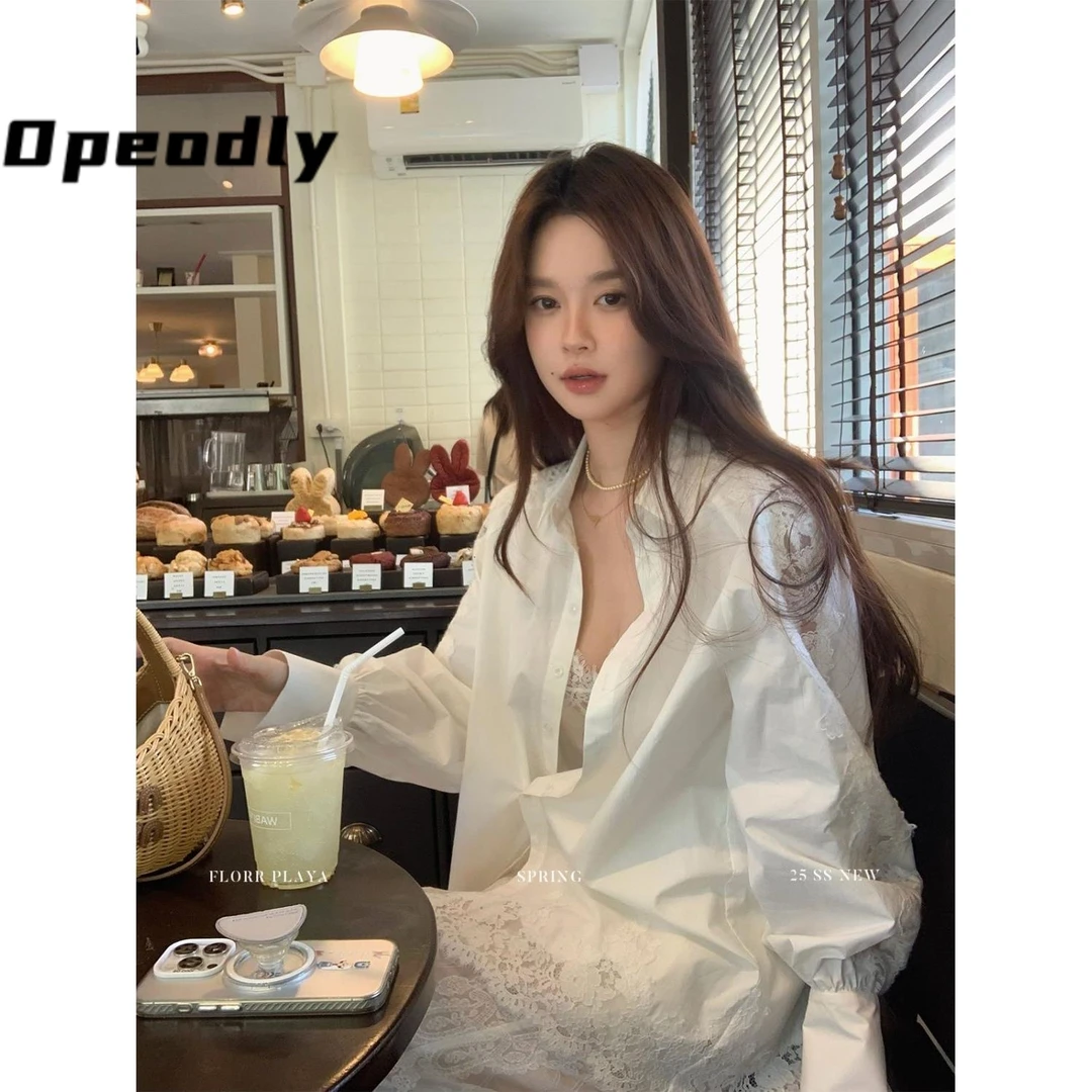 Opeodly重工拼接水溶蕾丝衬衫时尚半裙套装2025春季设计感气质