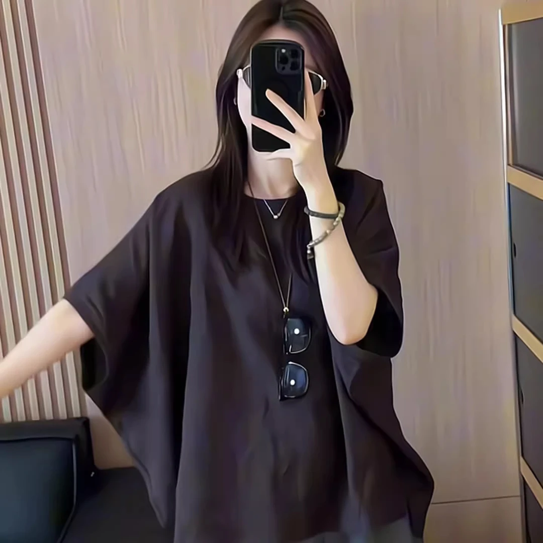 设计感独特短袖上衣夏季薄款胖MM大码女装高级感圆领蝙蝠袖T恤女