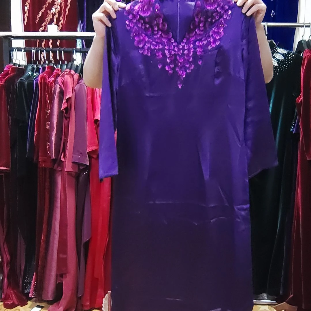 品牌醋酸紫色v领刺绣两侧开叉连衣裙xl115斤内