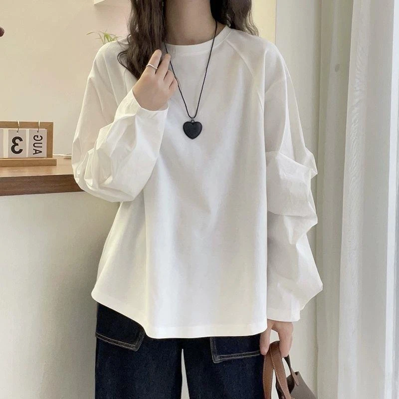 纯色拼接长袖T恤2024秋季新款韩版通勤宽松设计洋气遮肉外穿上衣