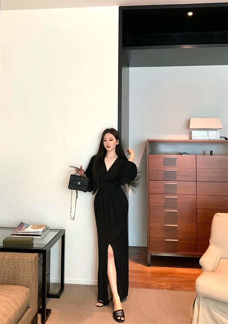 巨好看氛围性感V领收腰开叉连衣裙#22743