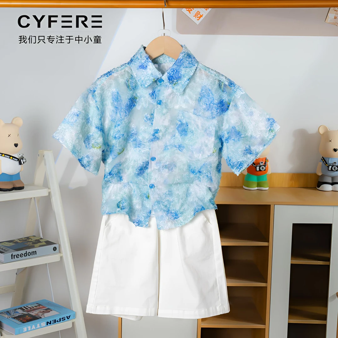 CYFERE【夏日桃桃】男童衬衫夏季儿童休闲衬衫印花品质短袖T570524L