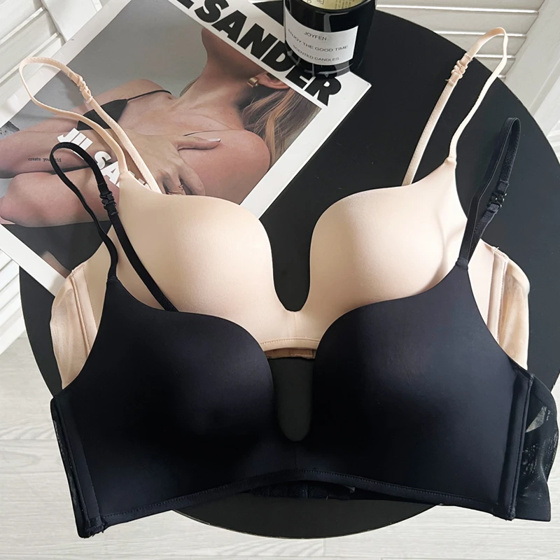 聚拢显大深U无痕隐形细肩带露背文胸挂脖美背上薄下厚内衣女小胸