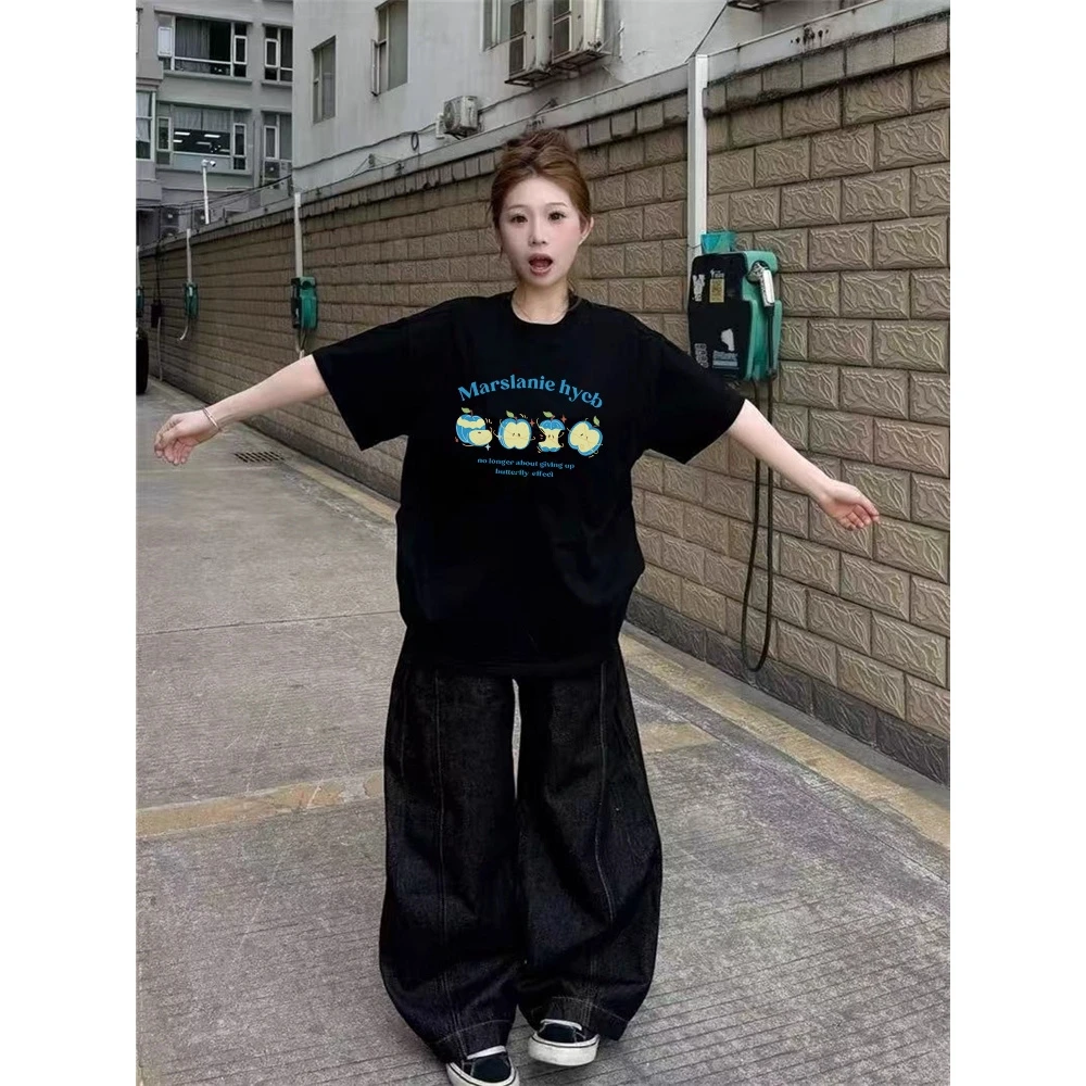 卡通纯棉美式复古落肩短袖t恤男女2025新款设计感小众宽松ins上衣