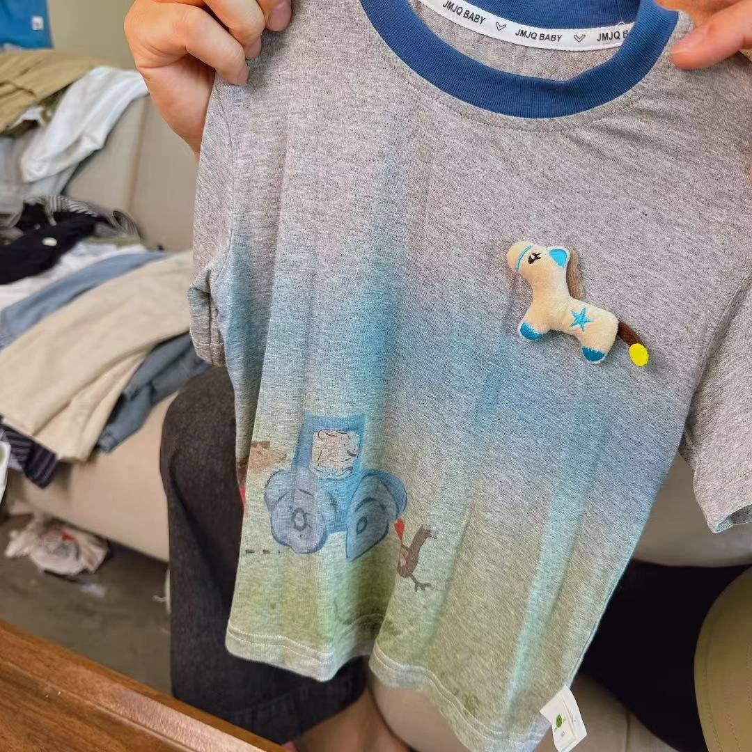 【JMJQ 25361-1】夏季新款中小童韩版大面积印花立体玩偶短袖体恤