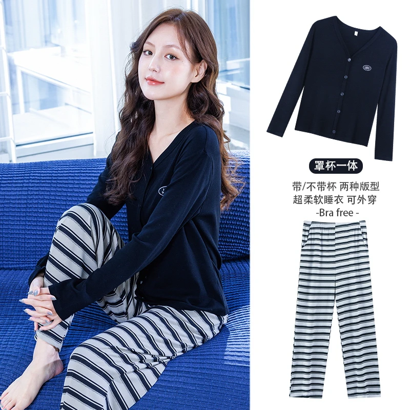 2025新款莫代尔女睡衣春秋季长袖套装螺纹蓝色开衫休闲外穿家居服