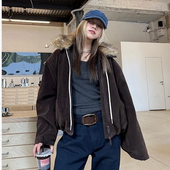 冬季加绒加厚夹棉毛领两穿夹克短外套女宽松慵懒棉衣机车服废土风