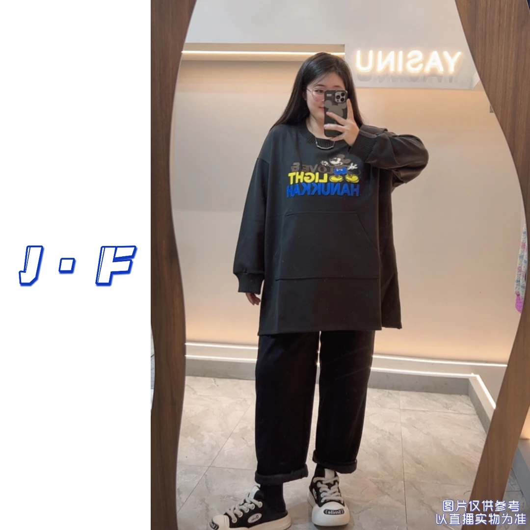 JF定制大码女装250斤9266圆领休闲百搭卡通米奇字母中长款上衣