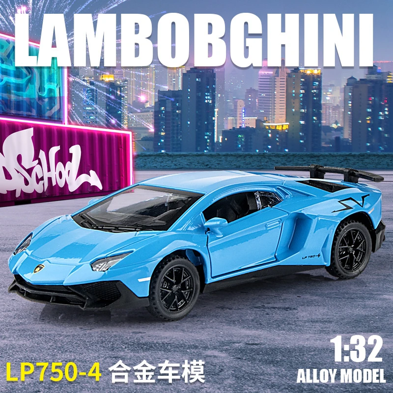 新款1:32蓝博LP750跑车/警车2开门回力合金声光回力仿真汽车模型